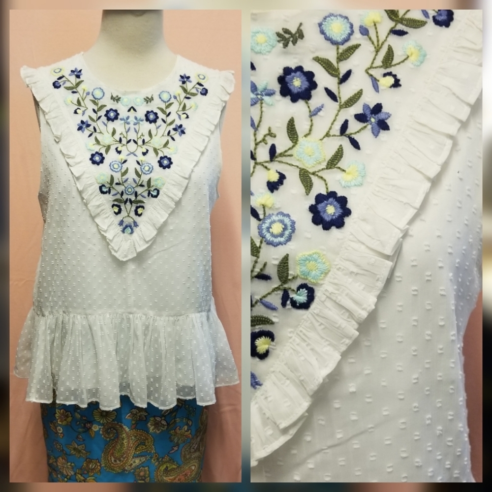 Francesca's Blue Rain Flower Embroidery Peplum Blouse Ivory  NWOT